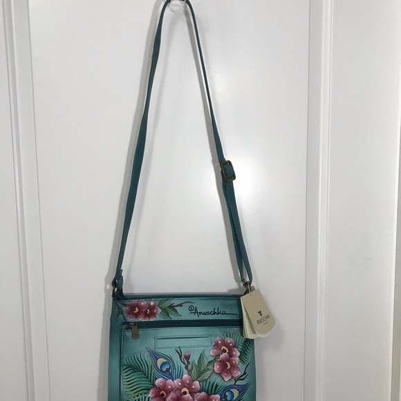 Anuschka Hand Painted Teal and Pink Floral Leather Crossbody Organizer Bag NWT - Picture 3 of 8